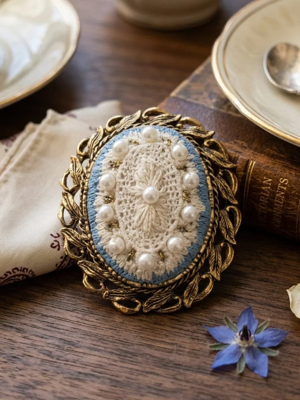 Vintage Gold Tone Crochet & Faux Pearl Oval Brooch | Victorian Revival